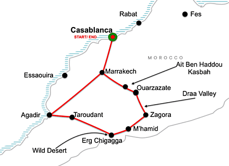 Tangier - imperila cities- sahara desert and marrakech 10 days tour map